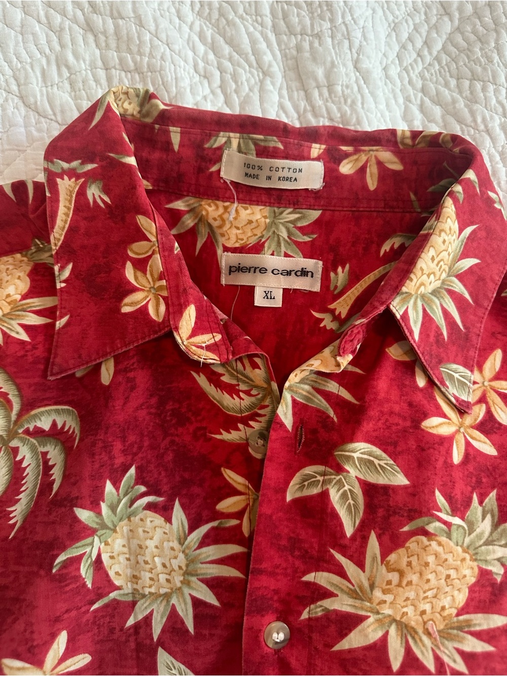 Vintage Pierre Cardin Red Pineapple Print Cotton Hawaiian Camp Shirt - XL